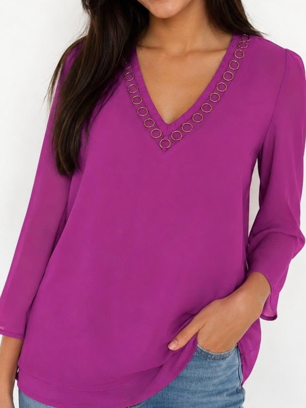 Thalia Sodi Bright Magenta V-Neck Long Sleeve Top with Grommet Trim